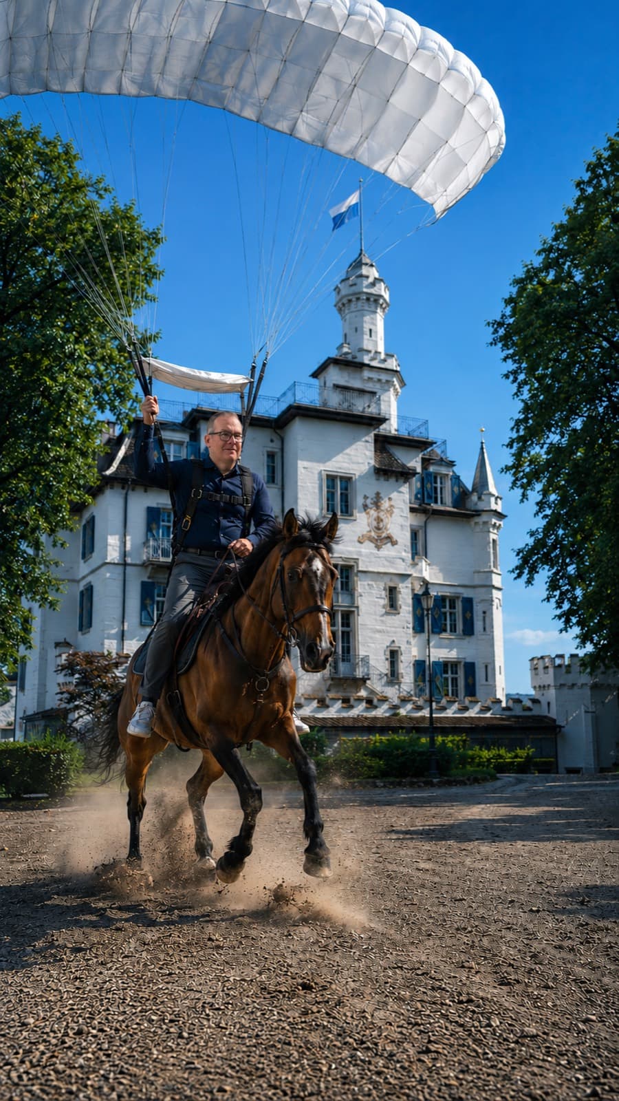 Mit dem Pferd und Fallschirm vor dem Schloss, Werbung die auffällt